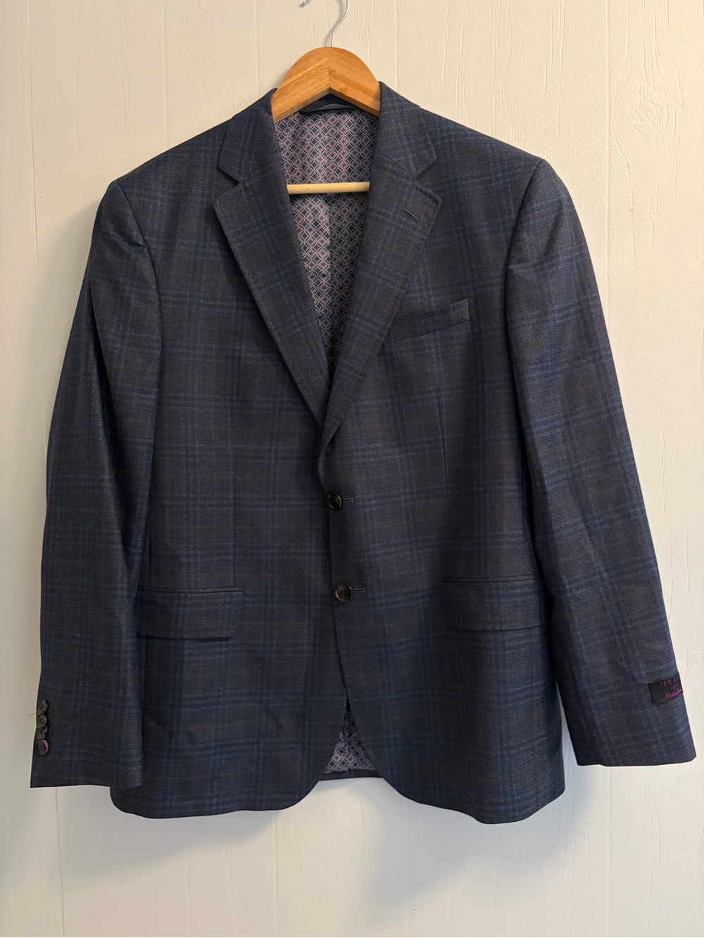 Ted Baker London Endurance Blazer 42S Navy Windowpane Plaid Wool Sport Coat